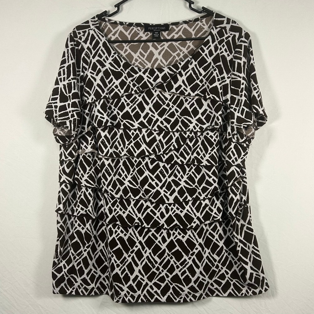 Perceptions Ruffle Blouse Womens 18W Brown Geometric Tiered Short Sleeve Top